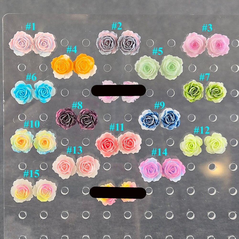 Colorful Rose Flower Stud Earrings Stainless Steel Post Butterfly/Silicone Back